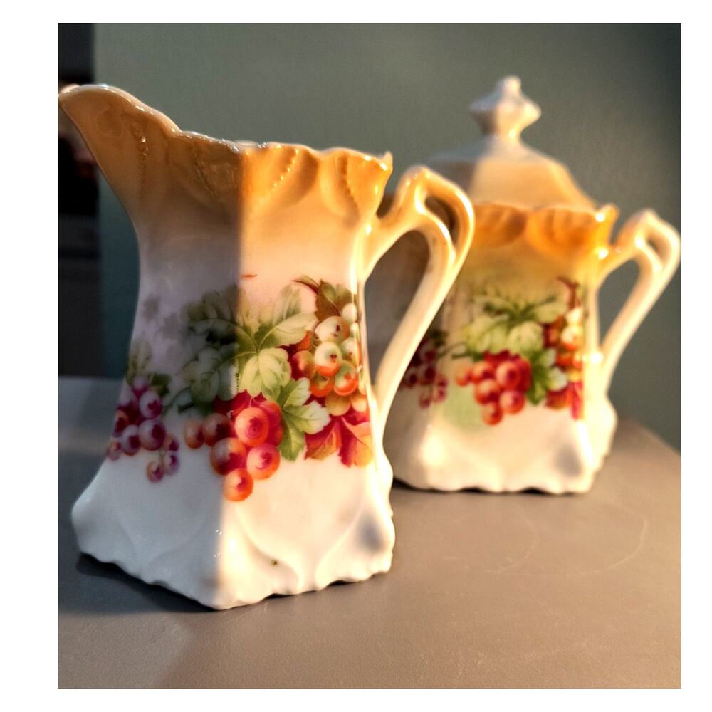 783. Cream and Sugar Set German Lusterware Grapes Motif